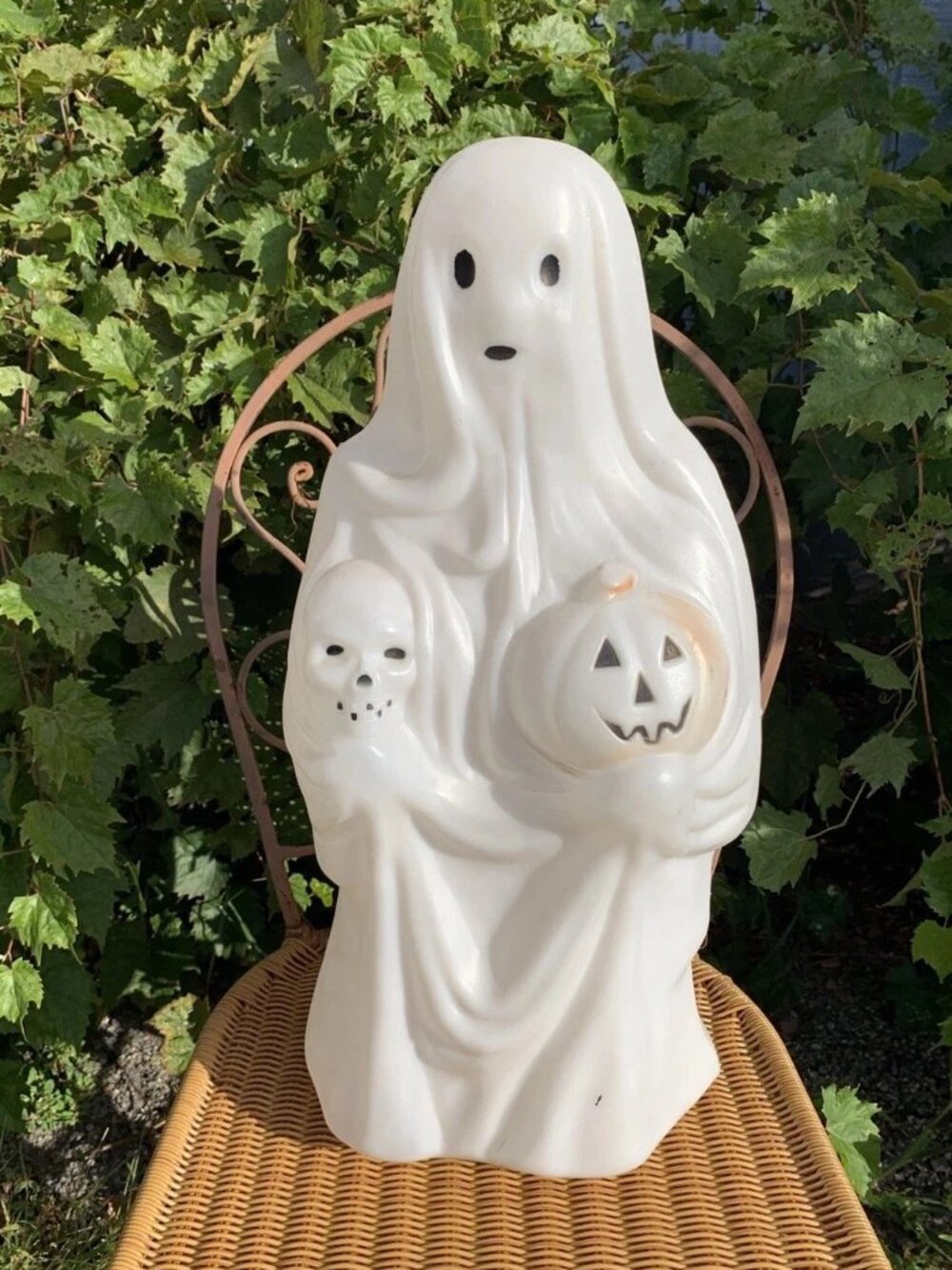 Vintage Halloween Blow Mold Ghost with Pumpkin and Skull Lighted 23"